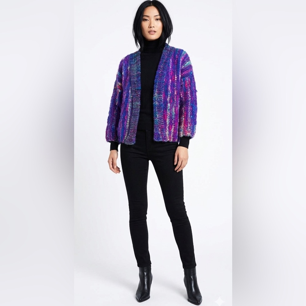 UNIQUE HAND KNIT PURPLE wool Collarless 3/4  sleeve L Jacket/Cardigan Sz Medium